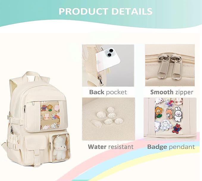 Kawaii Backpack for Teen Girls, Cute Aesthetic High Middle School College Bookbag with Accessories, Pink