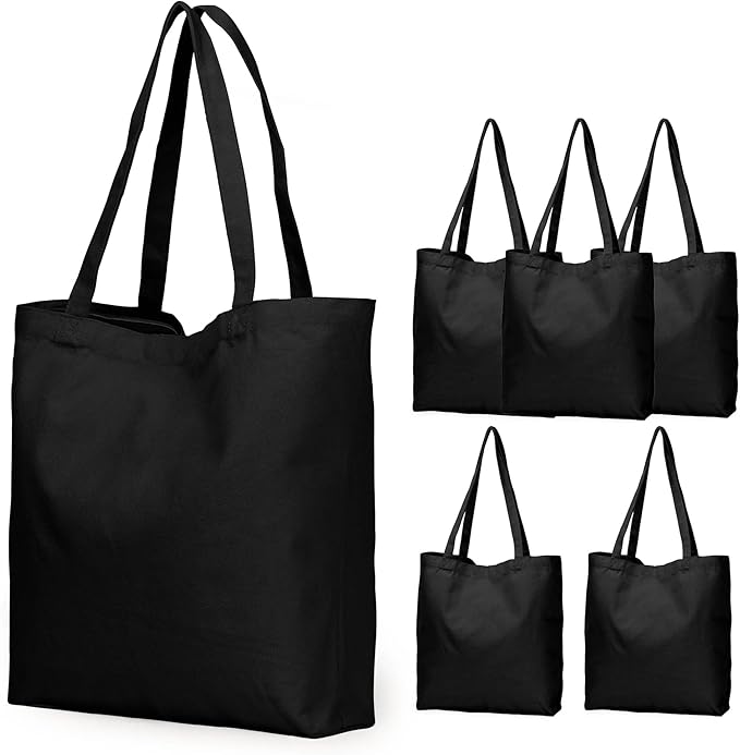 Koolmox Zippered Black Canvas Totes, 6-Pack 13.5x13.5'' Heavy Duty Natural Canvas Tote Bags with Handles, Reusable Grocery Bags for Crafting, Vinyl Print, Paint, Embroidery, Shopping, Book Bag