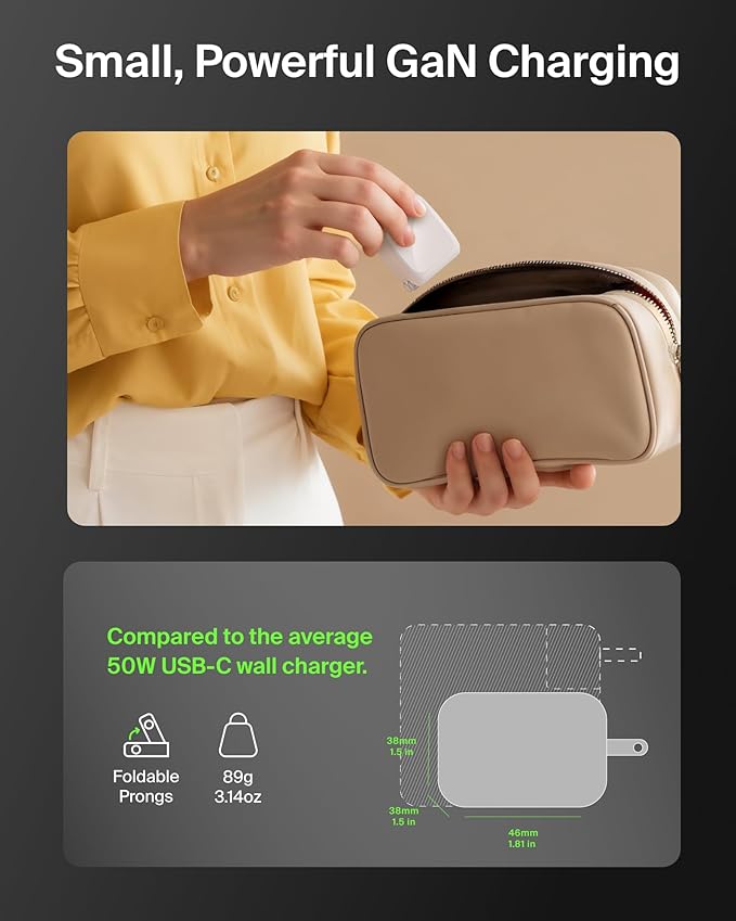 Belkin 2-Port USB C Charger Block 50W, Dual-Port GaN Charger w/ 2X USB C Ports & Included 1M C-C Cable, Fast Charging for MacBook, iPhone, iPad, Chromebook, Galaxy, Pixel - Travel Essentials - White