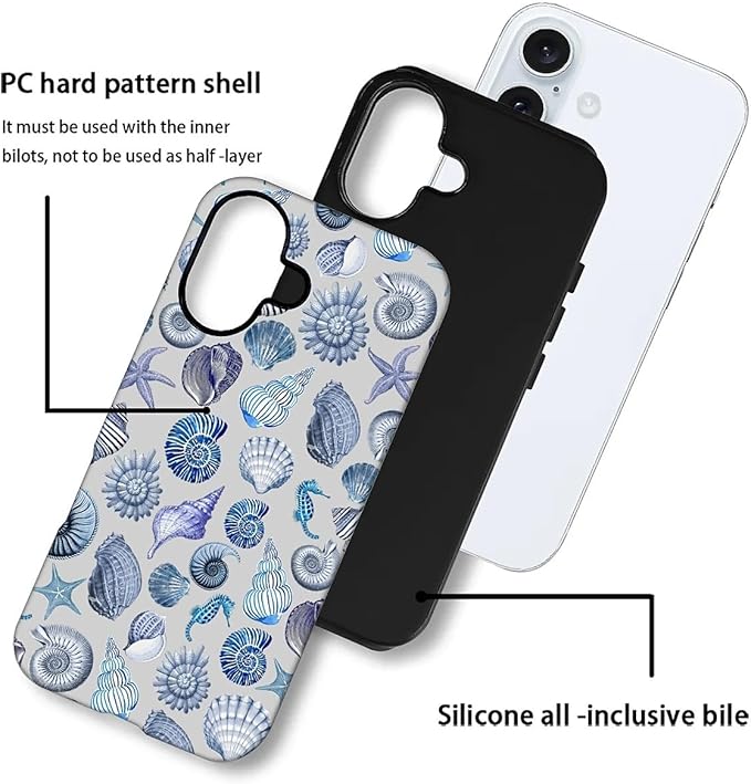 Case for iPhone 16 Plus,Summer Beachy Seashell for Woman Men Full Body Protective Cover Shockproof 2 in 1 Silicone + Hard PC Case for iPhone 16 Plus