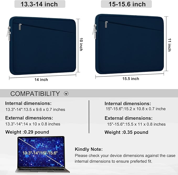 Laptop Sleeve Case, 15.6 inch, Durable Computer Carrying Bag Protective Case Briefcase Handbag with Front Pocket, Slim Laptop Cover for 15.6 Inch HP, Dell, Lenovo, Asus, Notebook, Blue