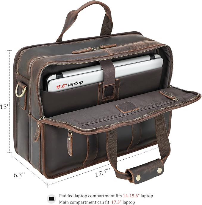 Polare 17'' Full Grain Leather Briefcase Laptop Attache Case Messenger Bag For Men Fits 15.6'' Laptop