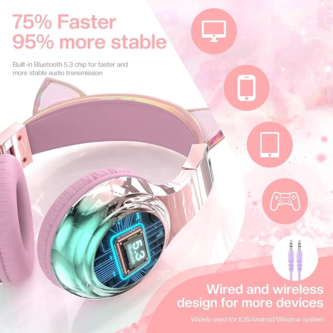 QearFun Kids Cat Ear Bluetooth Headphones, 60H Playtime, 74/85/94dB Safe Volume Limit, Metallic Gradient Wireless Headset with Mic, Fast Charging, Foldable, Wired Mode for Girls School/Tablet/Travel