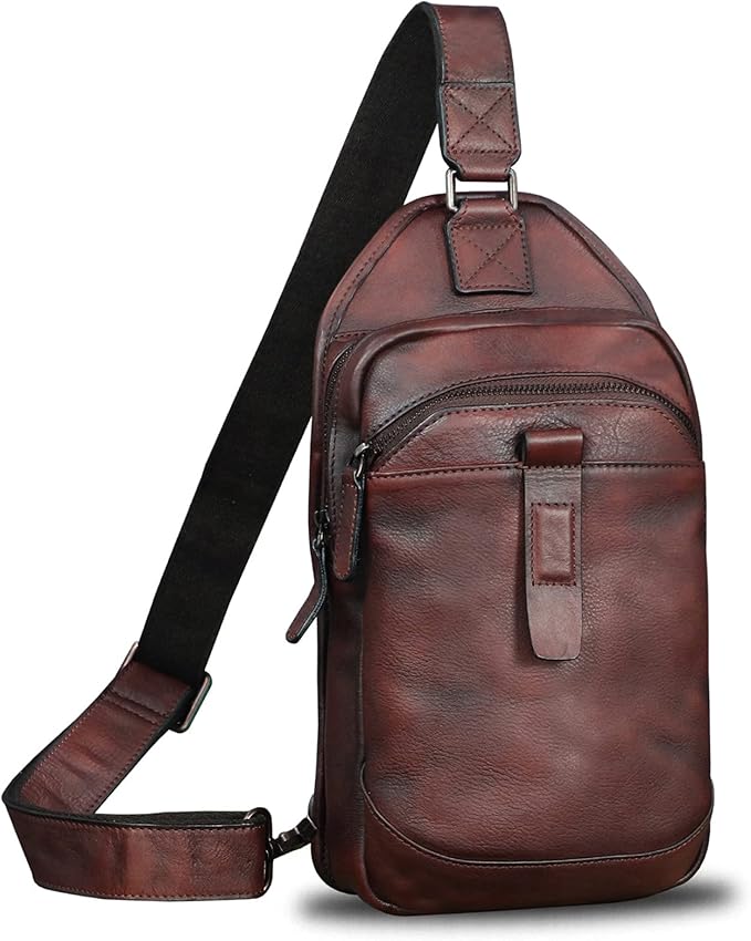 LRTO Genuine Leather Silng Bag for Men and Women Retro Leather Sling Backpack Purse Shoulder Crossbody Bag Chest Bag