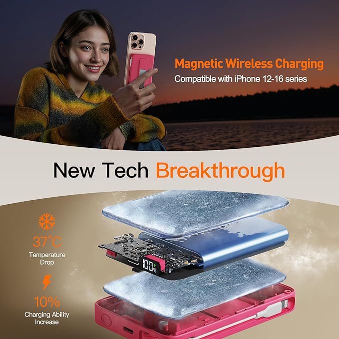 2025 Magnetic Battery Pack 16800mAh Mobile Power Bank, Portable Charger with Foldable Stand and Built-in Cable, 20W USB-C Fast Charging, Suitable for iPhone 17/16/15/14/13/12 Series