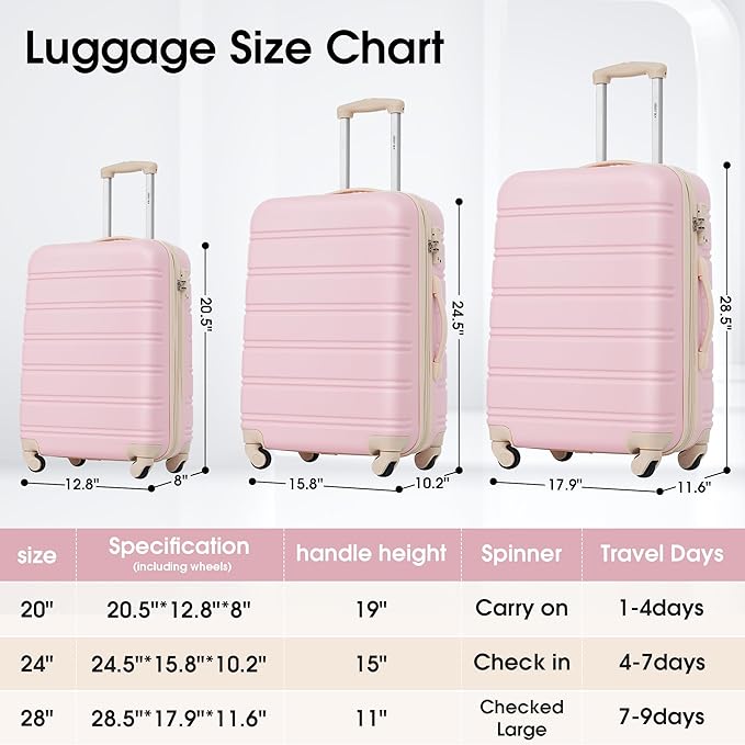 Merax Luggage Sets of 3 Piece Carry on Suitcase Airline Approved,Hard Case Expandable Spinner Wheels(White Pink)
