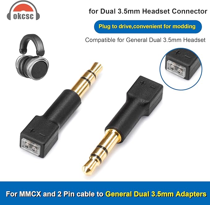 okcsc 0.78/0.75 2 Pin Female to 3.5mm Male Adapter Work for 2 Pin Cable Connected with Hifiman HE4XX HE-350 HE1000 HE-400i HE560 Headset Connector Black