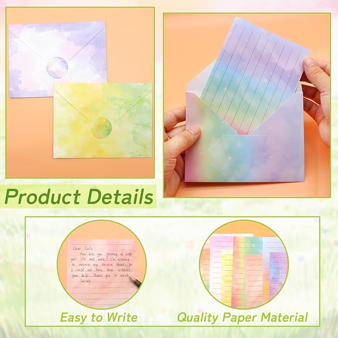 160 Pcs Stationery Paper Set Including 50 Matching Envelopes 50 One Side Stationery Writing Papers 60 Round Dot Sticker for School Office Supplies,10 Designs, 5.5 x 8.25 Inch(Watercolor Wash)