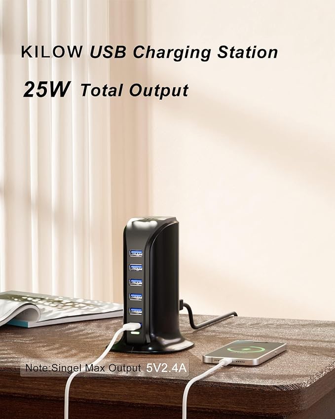 VPSUN USB Charger 6 Port 25W Multi USB Tower Charging Station for Multiple Devices iPhone 15/14/14 Pro/14 Pro Max/13 Pro/13 Pro Max/Android/Samsung/Tablet,etc (Black, 25W)