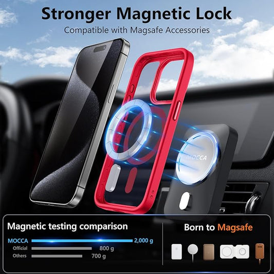 MOCCA Strong Magnetic for iPhone 15 Pro Case, [Compatible with Magsafe][13FT Military Drop Protection] Slim Translucent Matte Shockproof Case for iPhone 15 Pro Phone Case 6.1'', Red