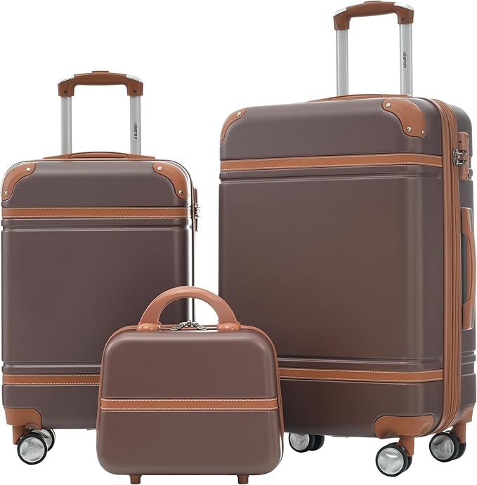 Merax Luggage Set 2 Piece Suitcase Set with Cosmetic Case Expandable Spinner Wheels Vintage Luggage Sets (Brown,20"+24")