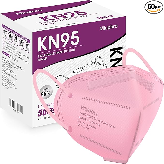 Miuphro KN95 Face Mask 50 Pack, Disposable Respirator Masks, 5 Layer Design Safety Mask for Protection, Ideal for Men and Women (Pink)