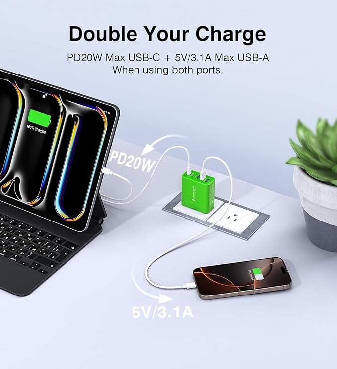 [2-Pack] USB C Wall Charger, 50W Fast USB C Charger Block, 5-Port PD Power Adapter + QC Wall Plug Multiport Type C Charging Block Cube Compatible with iPhone 16 15 14 13 12 11 Pro Max XR XS, Green
