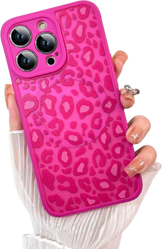 KANGHAR Case for iPhone 14 Pro Max Hot Pink Leopard Printed Pattern Cute Cheetah [Compatible with Magsafe] Protective Magnetic Case for Girls Women 6.7"