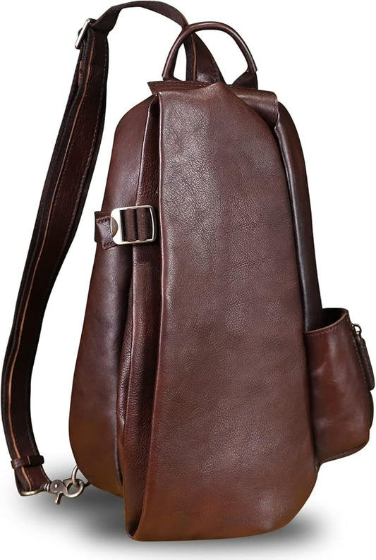 Genuine Leather Sling Bag Crossbody Purse Handmade Hiking Daypack Motorcycle Bag Retro Shoulder Backpack Vintage Chest Pack (Coffee)