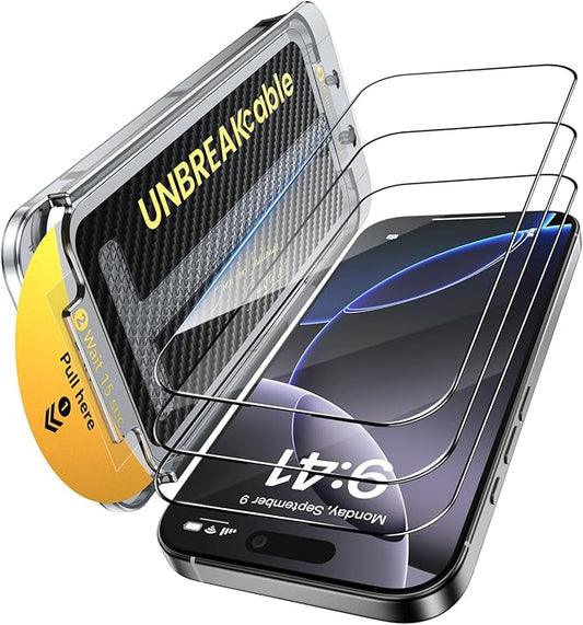 UNBREAKcable 3-Pack Screen Protector for iPhone 16 Pro Tempered Glass - [One-Pull Perfection] [Auto Dust-Elimination] [9H+ Hardness] [99.99% HD Clear] Full Coverage for iPhone 6.3 inch