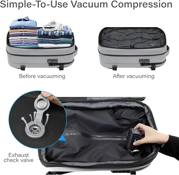 Travel Backpack with Vacuum System,60L Expandable Vacuum Backpack Travel with TSA Lock,17.3 inch Laptop Backpacks Vacpack Backpacks with Vacuum(Grey,External Air Pump)