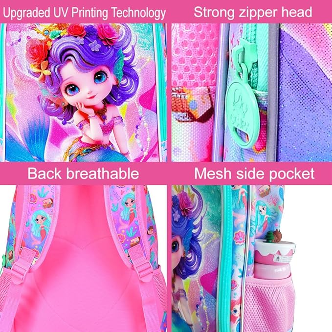 Mermaid Backpack, 16" Girls Kids Bookbag with Lunch Box，3Pcs School Backpacks for Elementary Preschool Kindergarten (Pink)