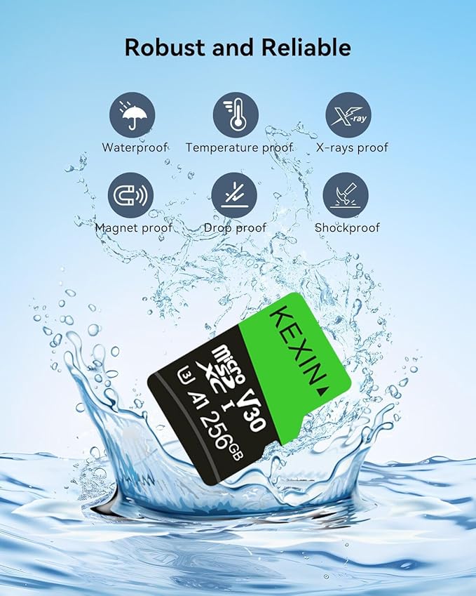 KEXIN 256GB Micro SD Card with SD Adapter microSDXC Memory Card UHS-I A1 V30 U3 Micro SD Card Full HD High Speed TF Card for Smartphone Tablet Action Camera Dash Cam Drone Game Console