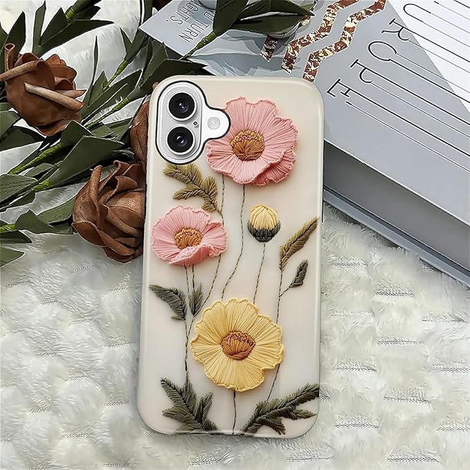 Case for iPhone 16 Case,Faux Embroidery Boho Floral Design - Hybrid Dual Protection Silicone + Hard PC Shockproof Full Body Cover Slim Anti-Scratch Protective Case for Men Women
