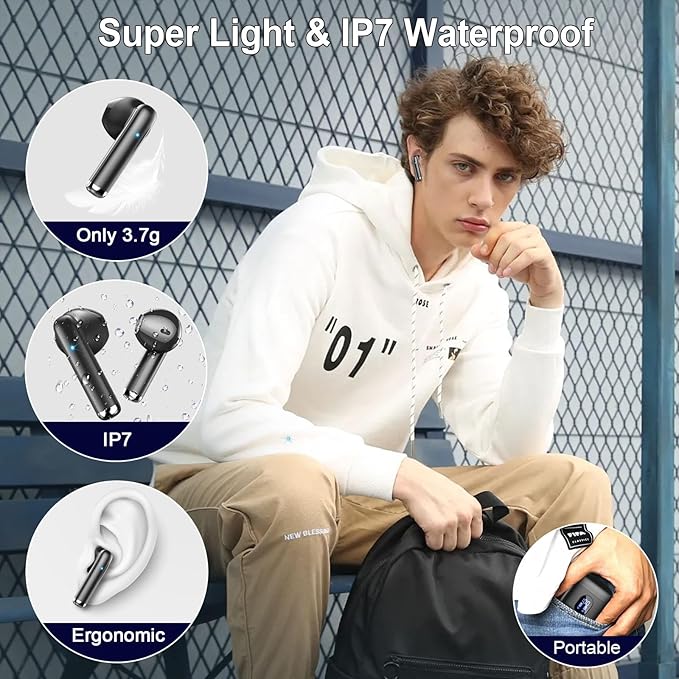 Bluetooth 5.4 Earbuds, 36H Bass Stereo Wireless Headphones, 4 ENC Mic, IPX7 Waterproof, USB-C, 3g Lightweight Earbuds for Sports/Work 【2025】
