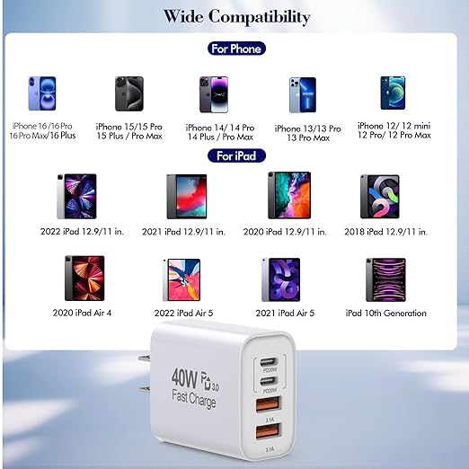 40W iPhone 16 15 Charger Block Fast Charging, 2-Pack USB C Wall Charger, 4-Port Fast USB Wall Adapter PD+QC Multiport Block Cube for iPhone 16/16 Pro/15/14/13/12/11/Pro Max/XS/XR, iPad 12.9
