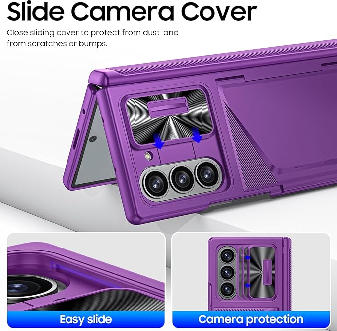 for Samsung Galaxy Z Fold 6 Case with Card Holder, Built in RFID Blocking & Slide Camera Cover & Hinge Protection & Full-Body Rugged Shockproof Wallet Case for Galaxy Z fold 6,Purple