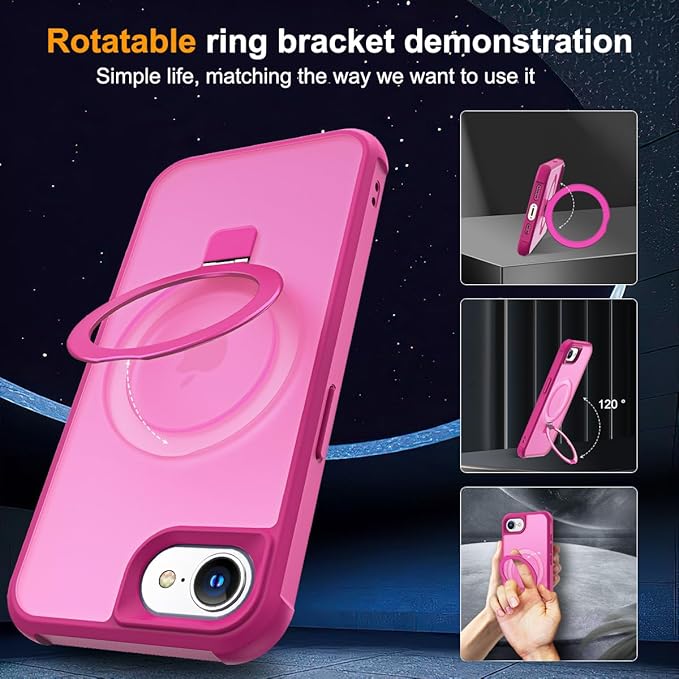 Compatible with iPhone 16E Case with Invisible Magnetic O-Ring Stand Military-Grade Translucent Case for iPhone 16E 6.1" 2025 [Compatible with Mag-Safe][Great Grip Feeling], Rose