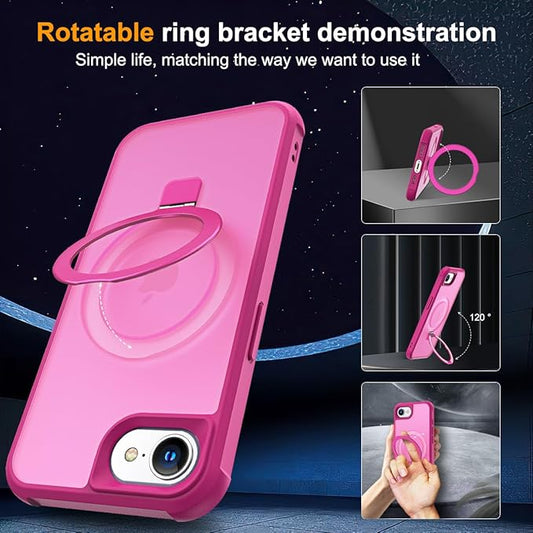 Compatible with iPhone 16E Case with Invisible Magnetic O-Ring Stand Military-Grade Translucent Case for iPhone 16E 6.1" 2025 [Compatible with Mag-Safe][Great Grip Feeling], Rose