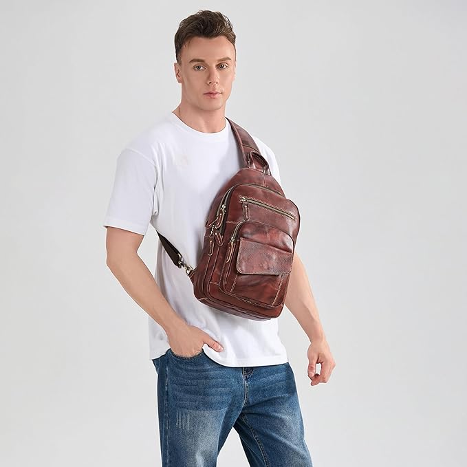 LANNSYNE Full Grain Leather Casual Sling Bag For Men Hiking/Travel/Business Crossbody Chest Bag Fits 12.9" iPad