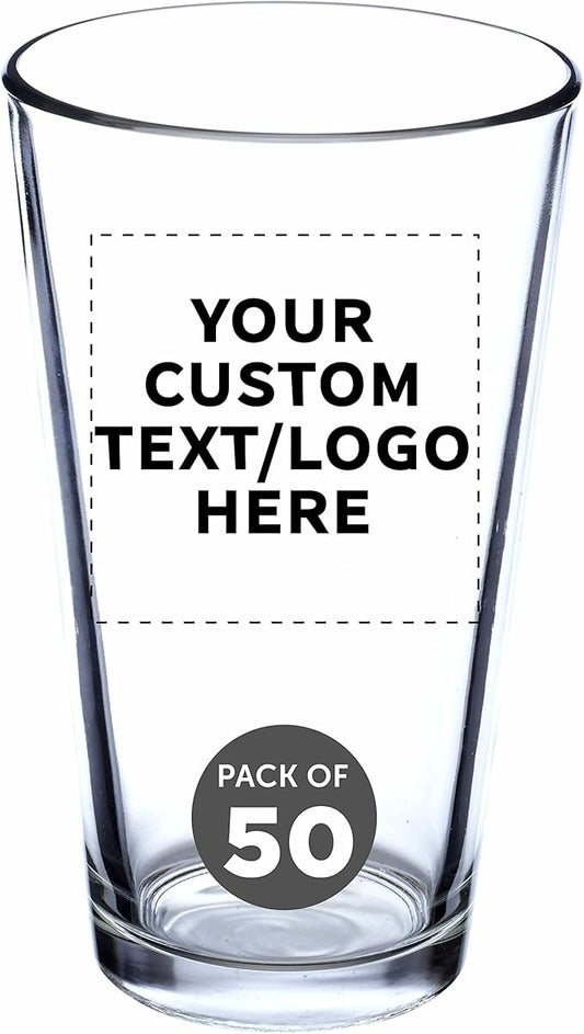 Custom Libbey Pint Glass 16 oz. Set of 50, Personalized Bulk Pack - Beer Glasses, Heavy Duty Drinkware - Clear