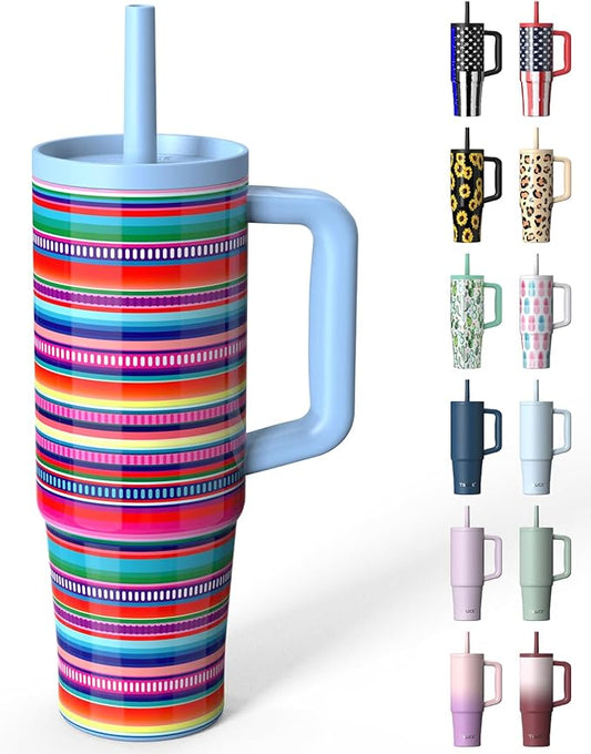 TILUCK 30 oz Tumbler with Handle, Vacuum Insulated Stainless Steel Travel Mug with 100% Leak-Proof Silicone Straw Lid, Cupholder Friendly Water Bottle(RainbowStripes, 30oz)