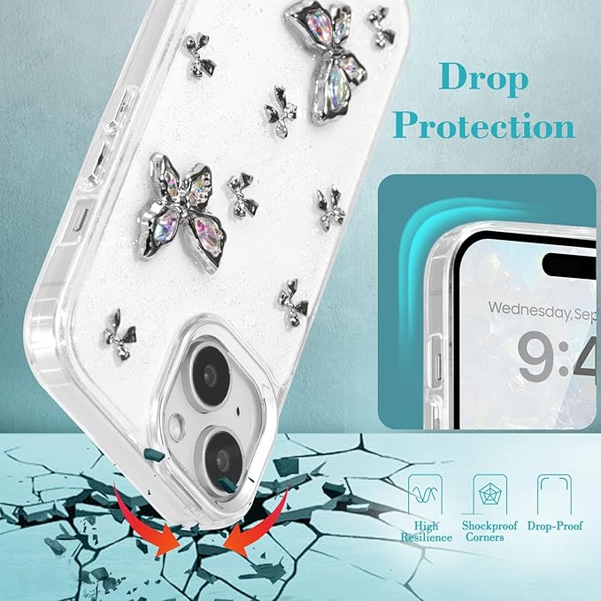 EYZUTAK Case for iPhone 13/iPhone 14, Bling Glitter 3D Butterflies Bowknot Phone Case Cute Crystal Clear Bow Aesthetic Case Slim Soft Durable TPU Transparent Protective Cover for Women Girls-Butterfly