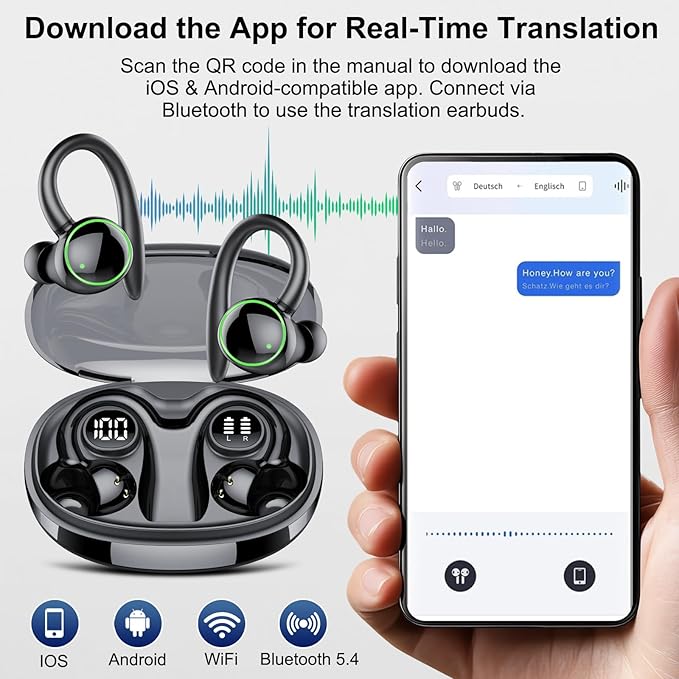 Ai Translation Earbuds Real Time, 164 AI Language Translator Earbuds,3-in-1 Translator Earbud Bluetooth 5.4 with 5 Translation Modes,48H Translatior Headphones for Travel, Business, Learning, Black