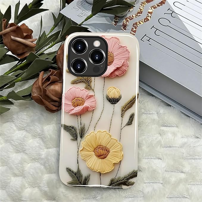Case for iPhone 13 Pro Case,Faux Embroidery Boho Floral Design - Hybrid Dual Protection Silicone + Hard PC Shockproof Full Body Cover Slim Anti-Scratch Protective Case for Men Women