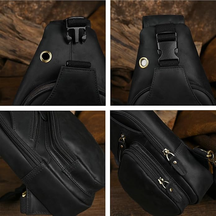 Le'aokuu Men Fashion Casual Tea Designer Travel Hiking Crossbody Chest Sling Bag Rig One Shoulder Strap Bag Men Leather 8015