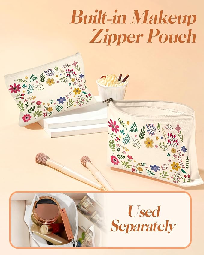 2 Pack Canvas Tote Bag - with Makeup Pouch Aesthetic Cute Women Reusable Canvas Bag for Shopping, Work, Travel