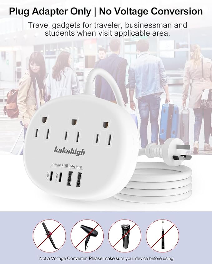 Australia Power Plug Adapter, New Zealand Power Adapter with 3 American Outlets 4 USB Ports (2 USB-C) Total 24W, Type I Plug Adapter for USA to Australia, Argentina, China, 4.2FT