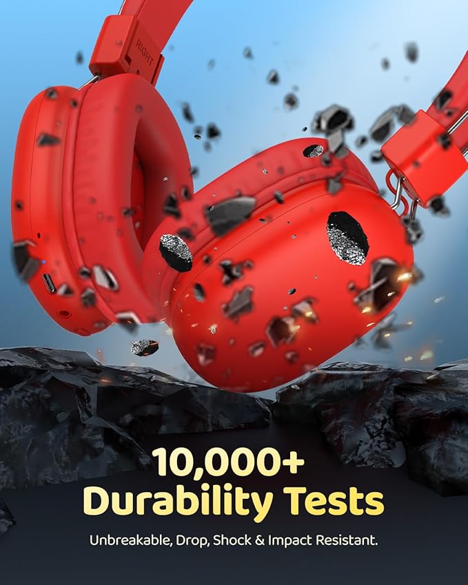 Kids Bluetooth Headphones, Over-Ear Wireless Headphones with Microphone, Safe-Volume 85dBA, Bluetooth 5.4, Foldable Lightweight and Comfortable, 50H Playtime, USB-C Charging, Red