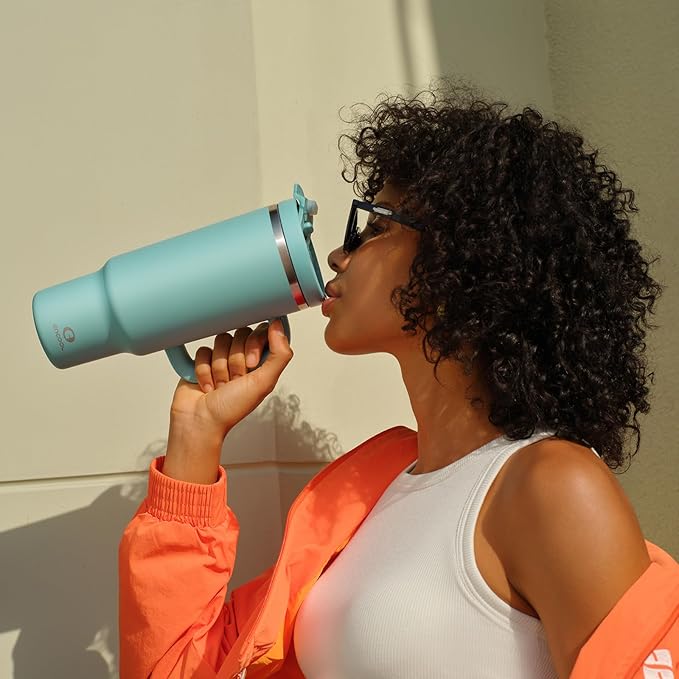 40 oz Tumbler with Handle and Straw: Stainless Steel Insulated Tumbler Keeps Cold for 24 Hours, Leakproof Travel Cup Fits in Cup Holder and BPA-Free, Pewter Blue