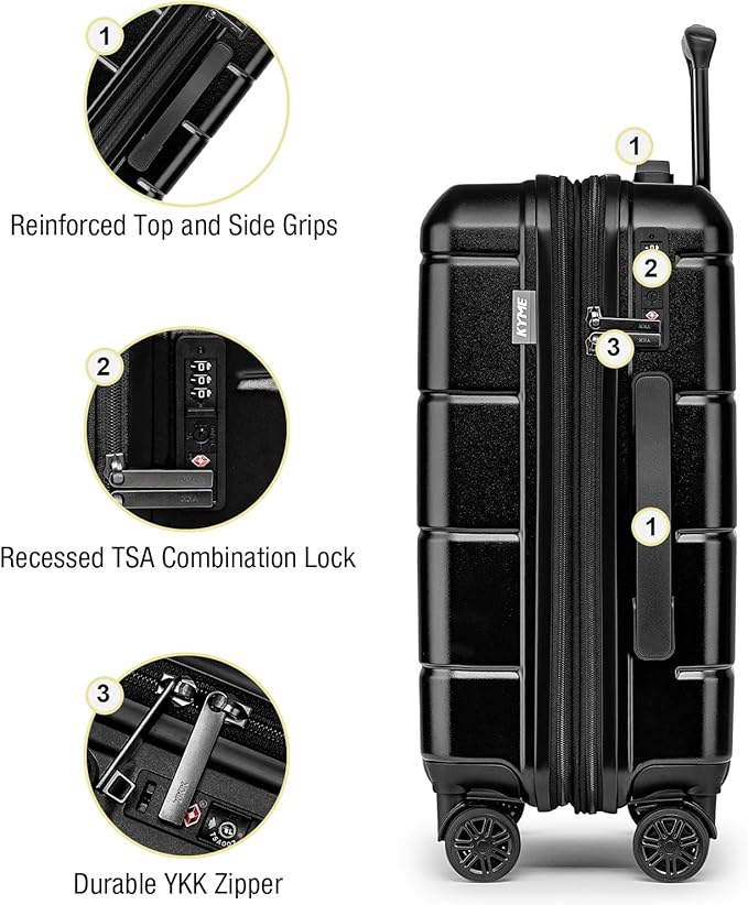 KYME Carry On Luggage 22x14x9 Airline Approved Expandable with Cup Holder 20 Inch Hardshell Carry-On Suitcase with Spinner Wheels TSA Lock Small Lightweight Travel Rolling Luggage Black