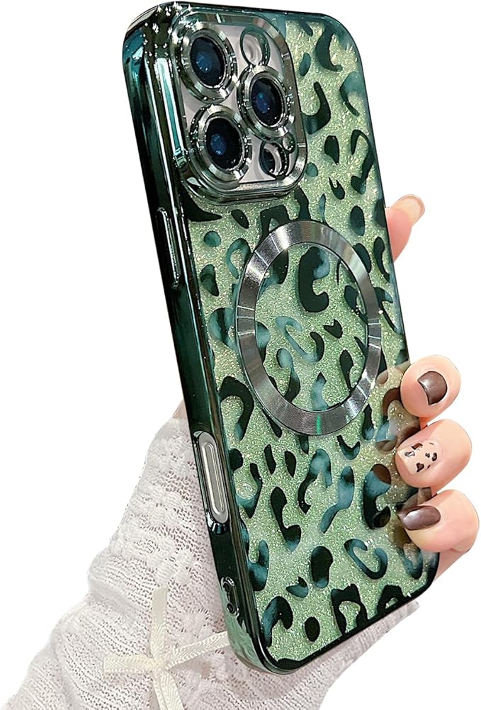 for iPhone 16 Pro Case Magnetic,Soft Cute Luxury Leopard Cheetah Pattern Plating Glitter Bling Phone Case Compatible with MagSafe Clear Shockproof Back Cover for Women Girl 6.3"-Green