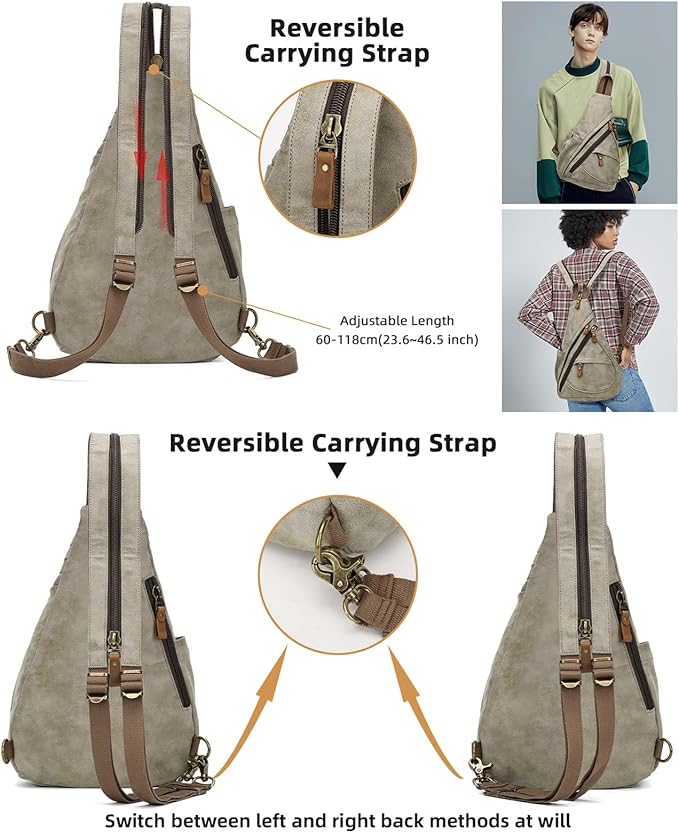 KL928 PU Leather Sling Bag - Small Crossbody Backpack Shoulder Casual Daypack Rucksack for Men Women Outdoor Cycling Hiking Travel (6881-PU-Olive Green)