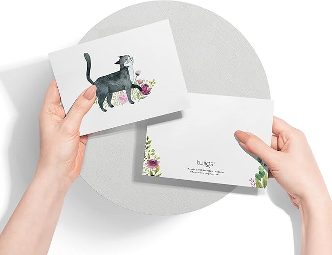 Twigs Paper - Assorted Cat Greeting Cards - Stationery Cards with Envelopes - Thank You Card - Blank Note Cards - Greeting Cards for All Occasions - Made in USA (5.5 x 4.25, Set of 12)