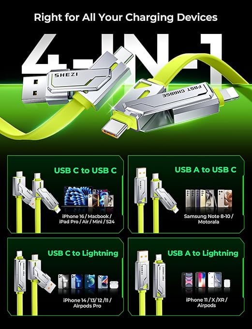 [2025 Upgrade] 4-in-1 USB C Cable 60W 5FT Compatible With Lightning Cable [Fast Charging & Data Transfer] Flat Type C/A to C/L Cord for iPhone/iPad, Multi Charger Wire Combo for All Devices (Green)