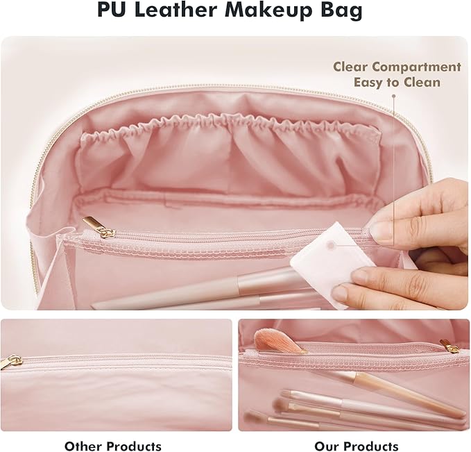 Prite Makeup Bag for Women Travel Waterproof Vegan Leather Cosmetic Bag Open Flat Toiletry Bag With Clear Divider and Handle (Plaid Pink)