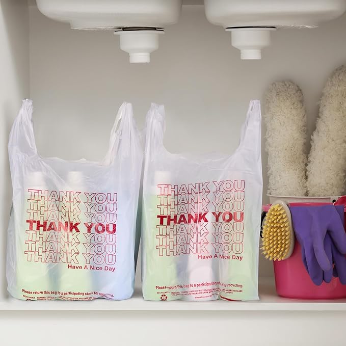 Delxo Grocery Bags Thank You Plastic T-Shirt Bag (1000 Count), White Supermarket Shopping Bags with Handles for Restaurant, Retail, To Go, Takeout, Convenience Stores 11.5 x 6.5 x 21 In