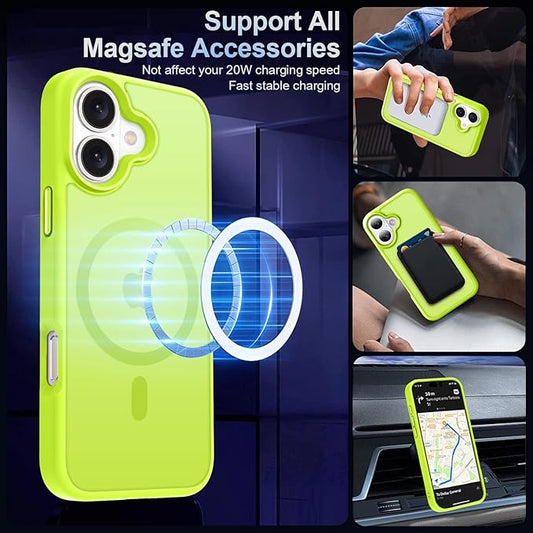 MOCCA Strong Magnetic for iPhone 16 Case, [Compatible with Magsafe][16FT Mil-Grade Drop Protection] Slim Thin Translucent Matte Protective Cover Case for iPhone 16 Phone Case 6.1",Fluorescent Green
