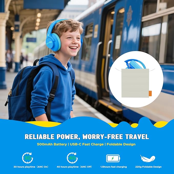 Nova1Lite Kids Wireless Active Noise Cancelling Headphones, Bluetooth 5.3, Safe Volume 74/85/94dB, Real 40H Battery, Type-C Fast Charging, Built-in Mic for School Travel Airplane, Blue