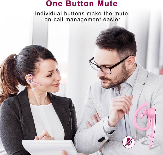 Bluetooth Headset, Wireless Bluetooth Earpiece with 500mAh Charging Case 72 Hours Talking Time Built-in Microphone for iOS Android Cell Phone, V5.1 Hand-Free Headphones for Trucker, Office-Pink